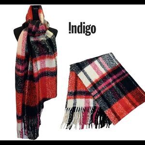 Indigo Black ivory red and pink plaid check blanket scarf